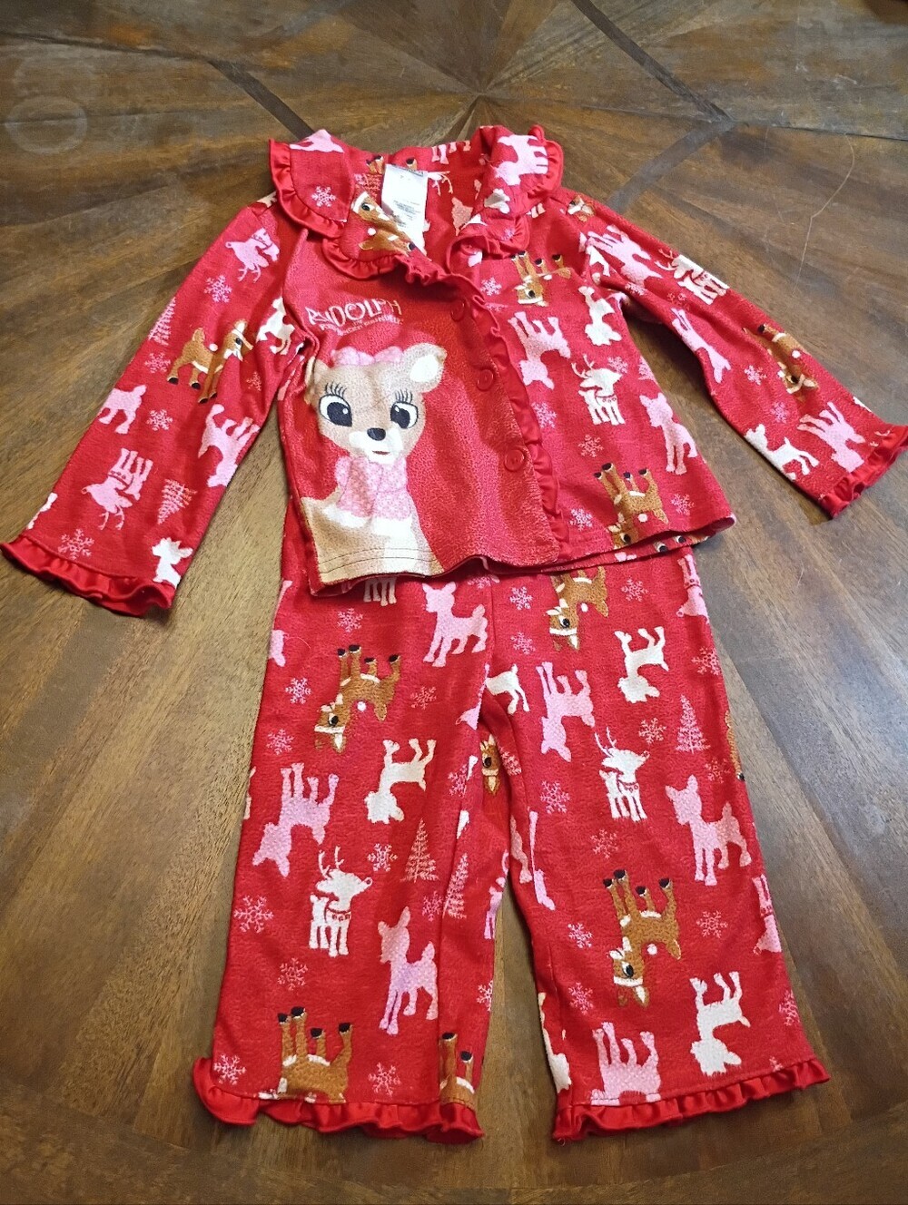 Rudolph the Red-Nosed Reindeer Girls 2T Fleece Pajama Set Red Pink Deer Christma